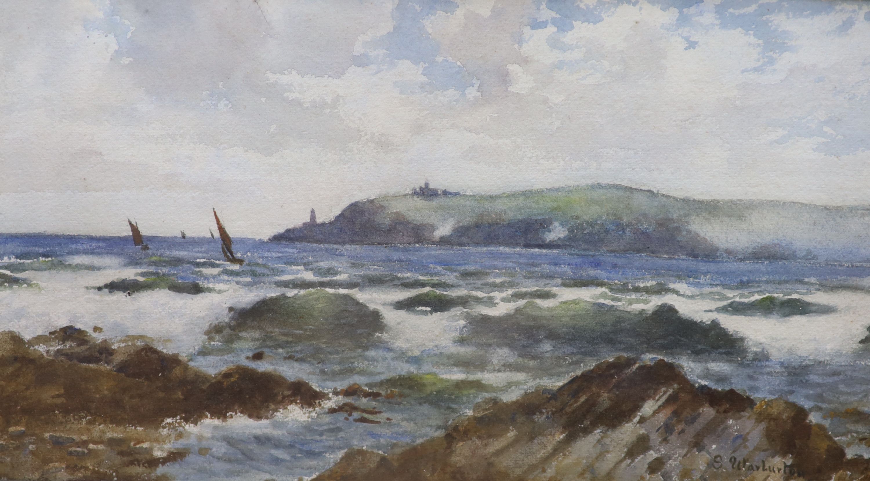 E. Warburton, watercolour, Coastal landscape, signed and dated 1897, 26 x 46cm